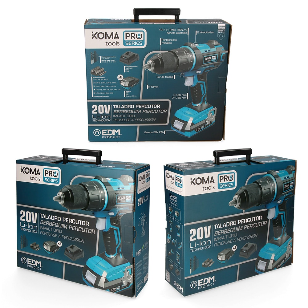 KIT TALADRO PERCUTOR/ATORNILLADOR 20V CON 2 BATERIAS 2.0 AH Y CARGADOR KOMA TOOLS PRO SERIES BATTERY